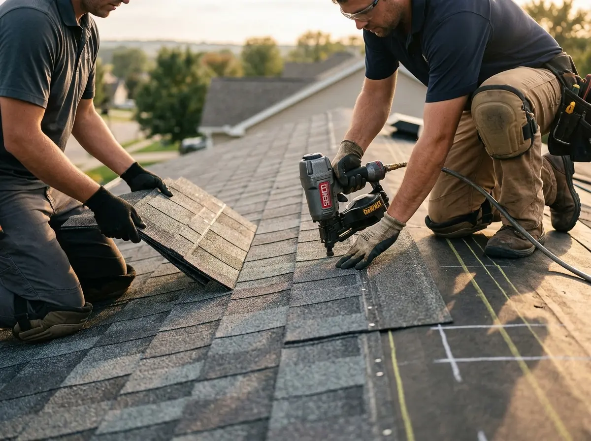 Professional roofer working on a residential roof in Woodcrest